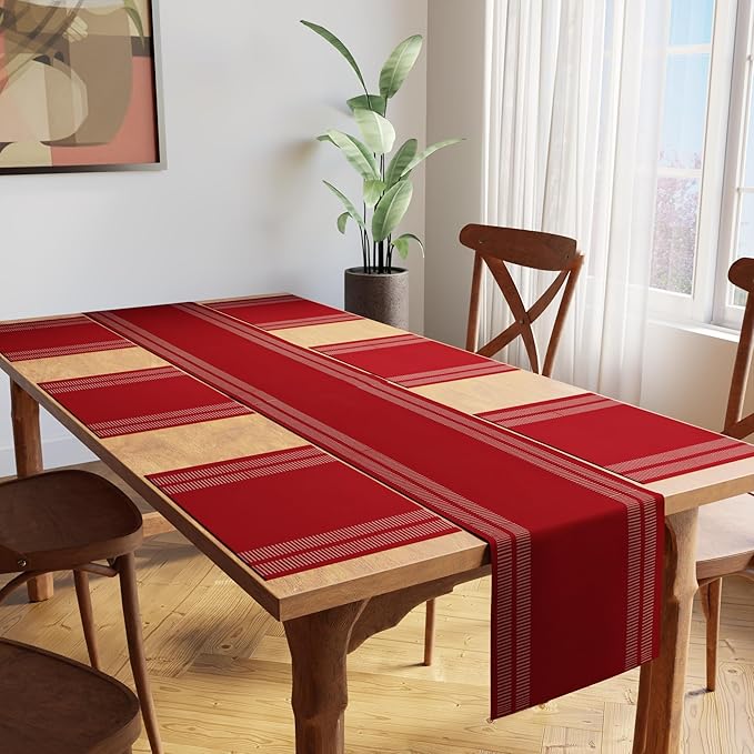 Encasa XO Table Runner and Placemats Set 6 | Fine Ribbed Cotton | Ladder Red | 1 Table Runner Size 13"x72" & Each Table Mat Size 19x13 Inch