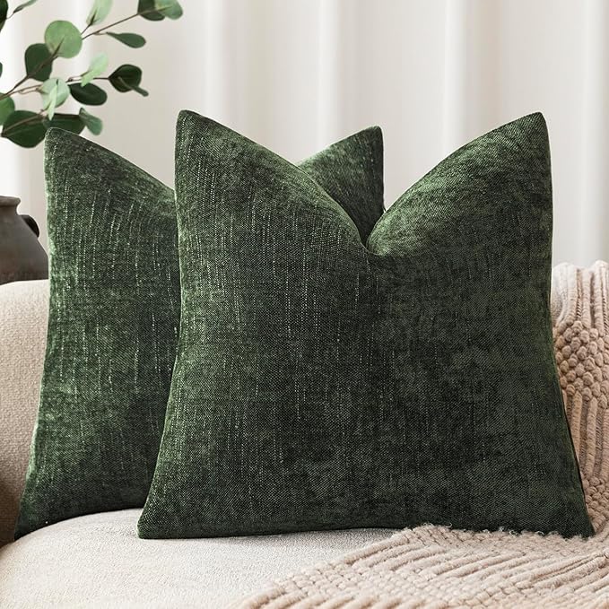 Foindtower Pack of 2 Soft Textured Chenille Throw Decorative Pillow Covers Square Accent Solid Cushion Cover Neutral Farmhouse Pillow Case for Couch Sofa Bedroom Living Room 24x24 Inch,Dark Green