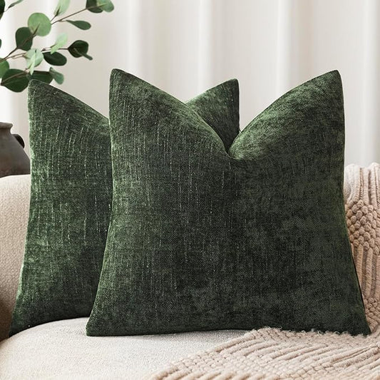 Foindtower Pack of 2 Soft Textured Chenille Throw Decorative Pillow Covers Square Accent Solid Cushion Cover Neutral Farmhouse Pillow Case for Couch Sofa Bedroom Living Room 24x24 Inch,Dark Green