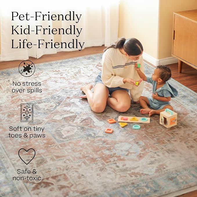 RUGGABLE Washable Vintage Area Rug – Verena Teal Blue 2x3, Stain-Resistant, Non-Slip – Small Machine Washable Rugs for Living Room, Bedroom, Hallway, Entryway & Bathroom–with Standard Pad
