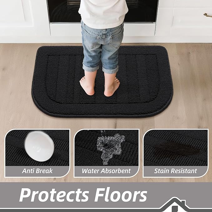 BEQHAUSE 30x18 Inch Kitchen Rug Mat Durable Kitchen Rugs Non-Slip Washable Absorbent Kitchen Mats for Floor Dirt-Resistant Semicircular Kitchen Mat (Black, 2PCS)