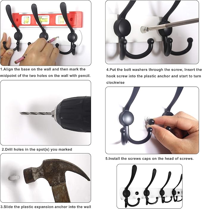 WEBI Coat Rack Wall Mount Long, 8 Tri Hooks for Hanging, 30 Inch Hook Rail, Hanger for Clothes, Jackets, Hats, Black, 2 Packs