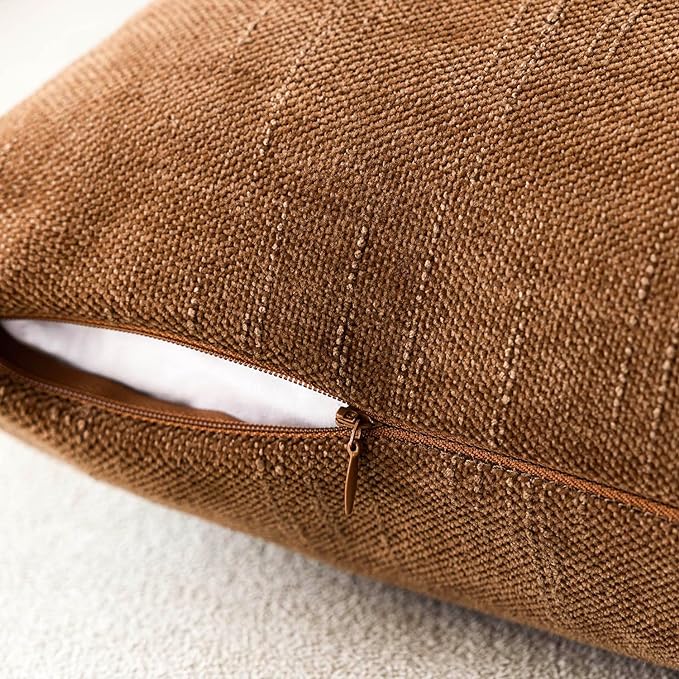 Foindtower Pack of 2 Soft Textured Chenille Throw Decorative Pillow Covers Square Accent Solid Cushion Cover Cozy Farmhouse Pillow Case with Zippe for Couch Sofa Bed Living Room 16x16 Inch, Bronze