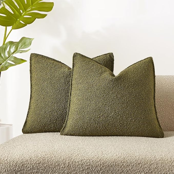 JUSPURBET 18x18 Pillow Covers Set of 2 Decorative Throw Pillow Covers Case for Couch Sofa Bed Soft Boucle Textured Cushion Covers with Hidden Zipper for Home Decor Living Room,Olive Green