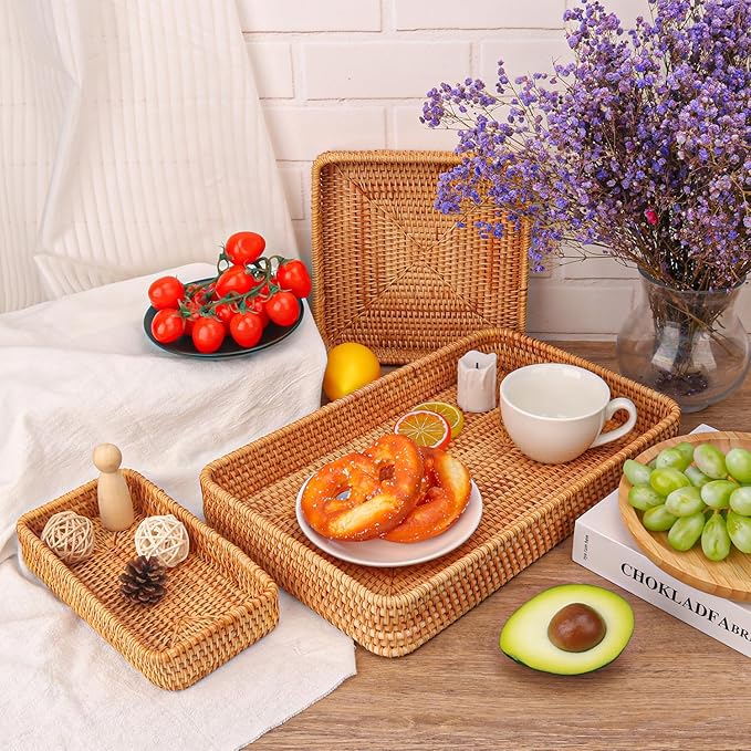 Set of 3 Handwoven Rattan Serving Tray - 3 Size Rectangular Rattan Woven Trays for Organizing & Serving, Home & Kitchen Decor