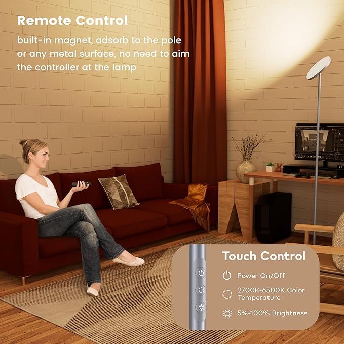 WOWLUMEN Floor Lamp,Bright 36W 3500LM Standing Lamp with Remote, 2700K Soft White to 6500K Cool White Adjustable,Touch Control Dimmable Torchiere Tall Light for Living Room,Bedroom,Office,Sofa(Gray)