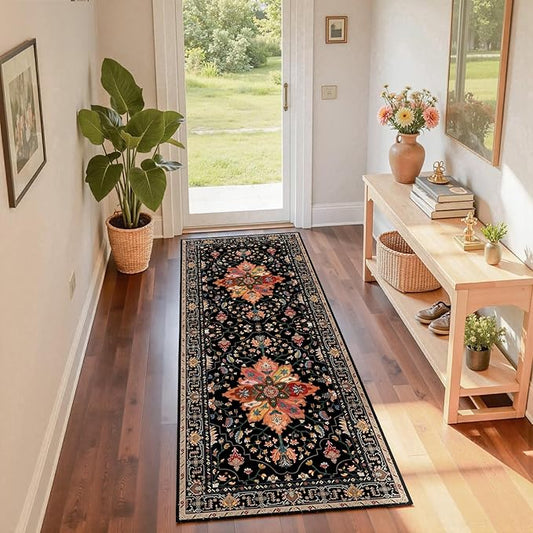 RELEANY Area Rugs 2'x6' Washable Non-Slip, Floral Vintage Distress Print Pattern Medallion Carpet for Living Room Bedroom Dining Room, Black Colorful Floral Dark Tan