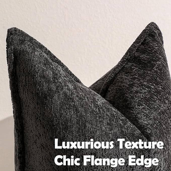 DEZENE Pack of 2 Black Decorative Throw Pillow Covers 16x16 Cozy Soft Chenille Accent Vintage Square Couch Pillow Covers for Home Decor Bed Sofa Living Room