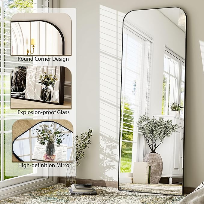 HARRITPURE 57"x20" Full Length Mirror, Black Rounded Corner Aluminum Frame Standing Mirror, Hanging/Leaning Wall Floor Mirror with Stand for Living Room Bedroom Cloakroom
