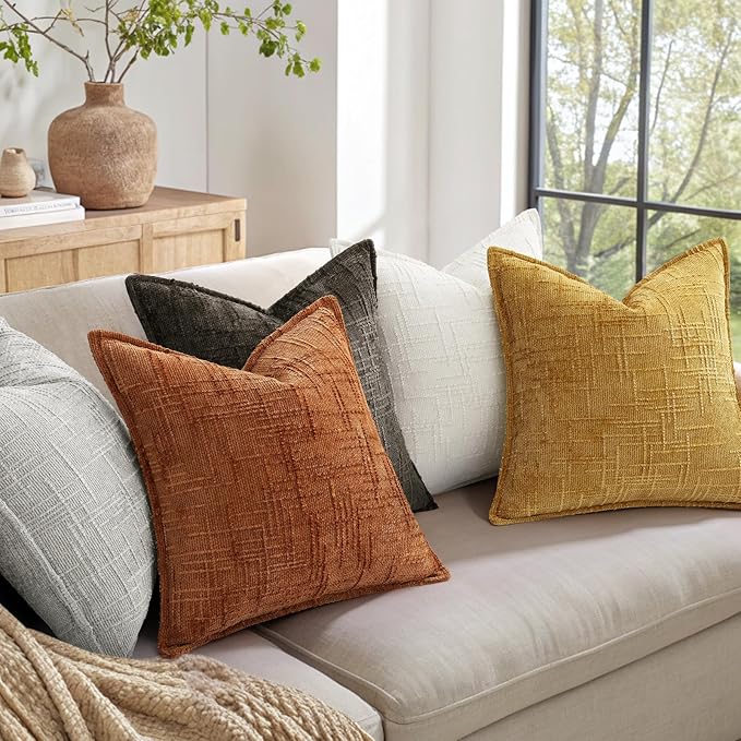 decorUhome Chenille Throw Pillow Covers 16x16 Set of 2, Thick Textured Slubby Neutral Decorative Pillow Covers with Elegant Design for Couch, Sofa, Living Room, Rust