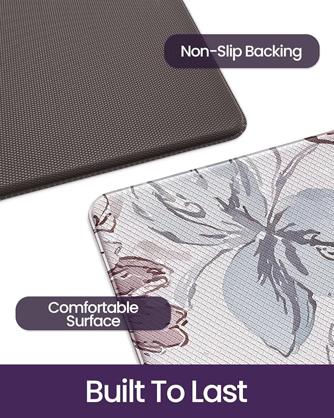 DEXI Kitchen Mats for Floor 2 Piece Set, 17x29+17x59, Cushioned Standing Mat Anti Fatigue, Waterproof Comfort Floral Padded for Laundry Room Office, Pink and Teal