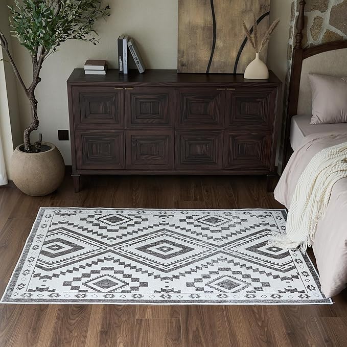 RAMEFILD Moroccan Washable Area Rug 4x6, Geometric Decorative Woven Rug Low Pile, Non-Slip Boho Accent Farmhouse Area Rug for Living Room Laundry Bedroom Dining Table, Dark Brown/White