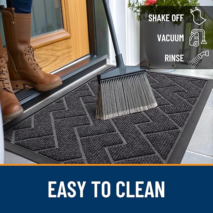 OLANLY Front Door Mat Indoor Outdoor Entrance, Waterproof All-Season, All-Weather Doormat, Sturdy Natural Rubber, Low Profile, Easy Clean Patio Porch Entryway Mat, Herringbone Brick (Grey, 59x23)