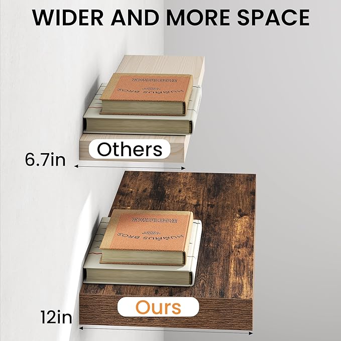 30Inch Floating Shelves for Wall, 12 Inch Deep Shelves for Bedroom, Kitchen, Bathroom Wall Mounted, Rustic Wood Floating Shelf with Invisible Brackets for Books, Storage, Decor, Rustic Brown, 2 Packs