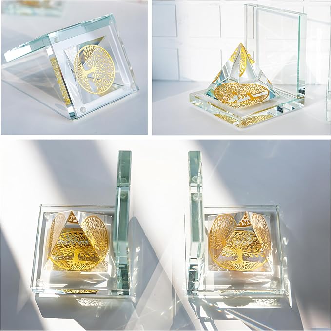 1 Pair Modern Crystal Bookends for Shelves,Tree of Life Crystal Pyramid Design,Non-Skid Book Holder,Heavy Duty Decorative Book Stopper,3.5 * 3.5 * 4''