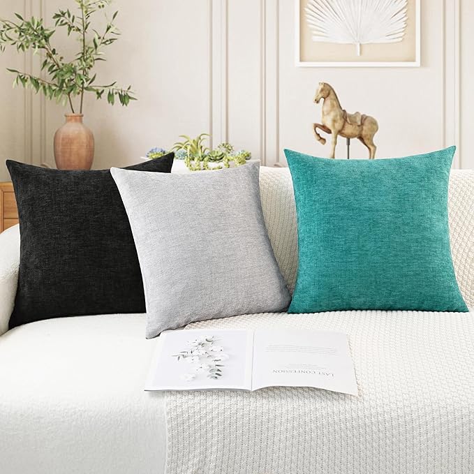 CaliTime Throw Pillow Covers Decorative 12 X 20 Inches Pack of 2 Cozy Chenille Cushion Cases for Couch Sofa Bed Living Room Home Black