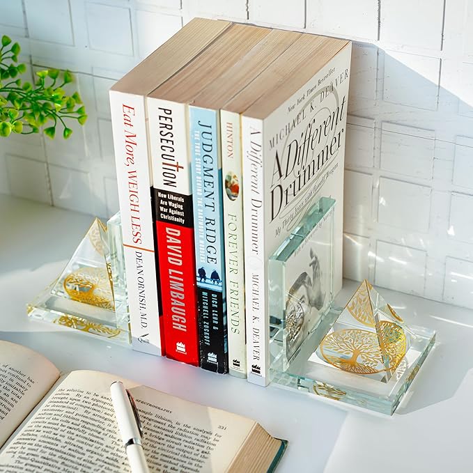 1 Pair Modern Crystal Bookends for Shelves,Tree of Life Crystal Pyramid Design,Non-Skid Book Holder,Heavy Duty Decorative Book Stopper,3.5 * 3.5 * 4''
