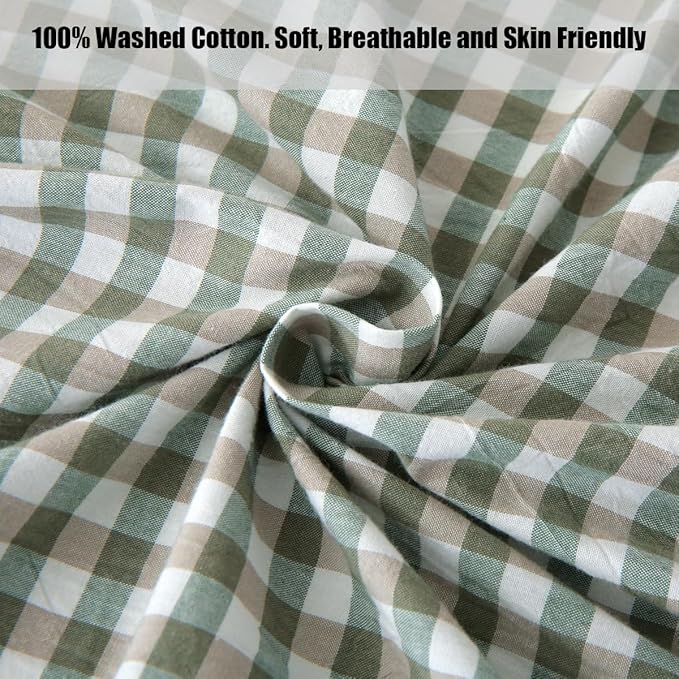 Silnuo Sage Green/White Plaid Bed Skirt Washed Cotton Vintage Gingham Checkered Dust Ruffle Queen Size 14" Bedding(1 Bed Skirt Only, Queen 14")