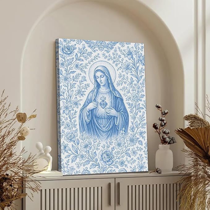Blue Virgin Mary Immaculate Heart Canvas Wall Art Christian Catholic Wall Decor Our Lady of Guadalupe Portrait Poster Prints Religious Bible Artwork for Living Room Prayer Room Church 16x24in
