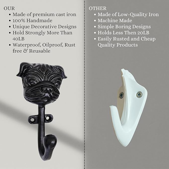 Set of 3 Cast Iron Dog Shape Coat Hooks Wall Art Decor-Dog Shape Hangers and Key Holder-Clothes Rack and Backpack Hanger-Coat Hooks Home Decor for Storage, Living Room, Hallway, Office