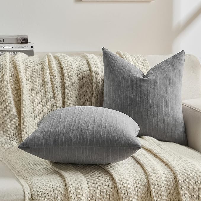 FUTEI Dark Grey Chenille Decorative Throw Pillow Covers 18x18 Inch Set of 2,Soft Crushed Striped Texture Cushion Case,Modern Home Decor for Couch Bed Living Room