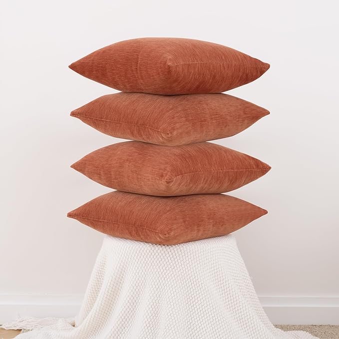 Set of 4 Rust Red Throw Pillow Covers 18x18 Inch, Neutral Boho Farmhouse Aesthetic Decorative Pillow Cases for Couch, Sofa, Living Room & Bed, Soft Chenille Pillow Cases, Stylish Home Decor, 45x45 cm
