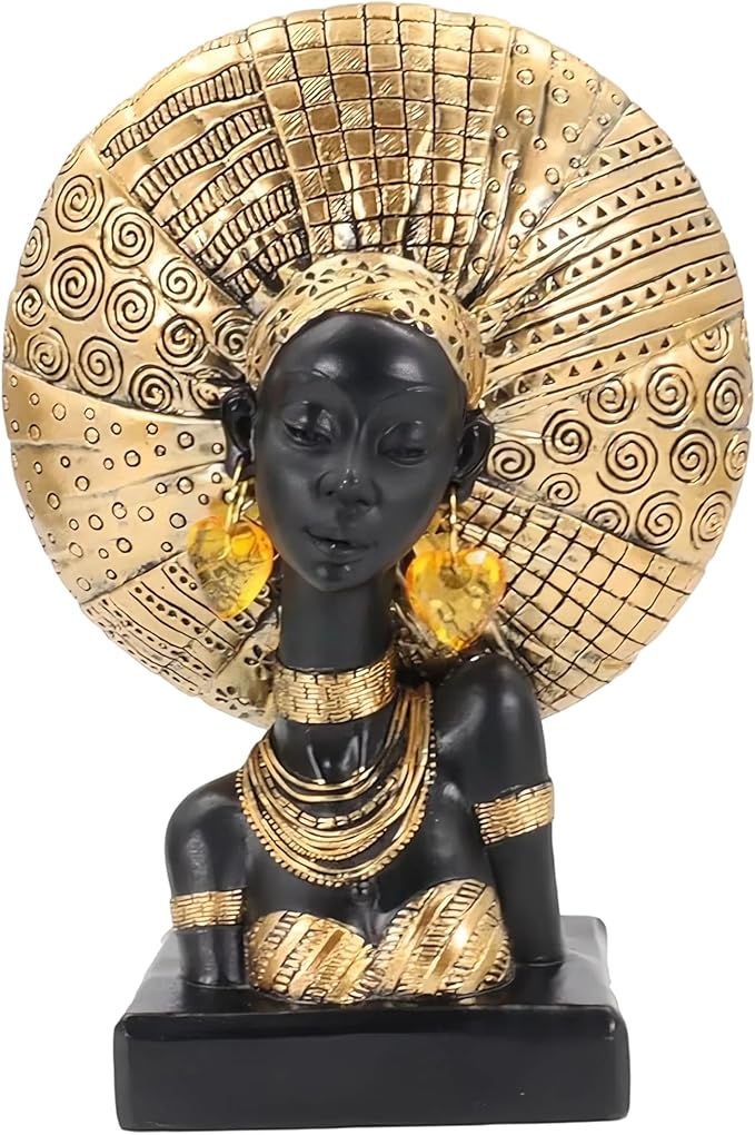 African Lady Bust Statue with Golden Headwrap – Resin Tribal Woman Sculpture for Home Decor, Black and Gold Figurine for Shelf, Table, Office, Living Room, Gifts for Women