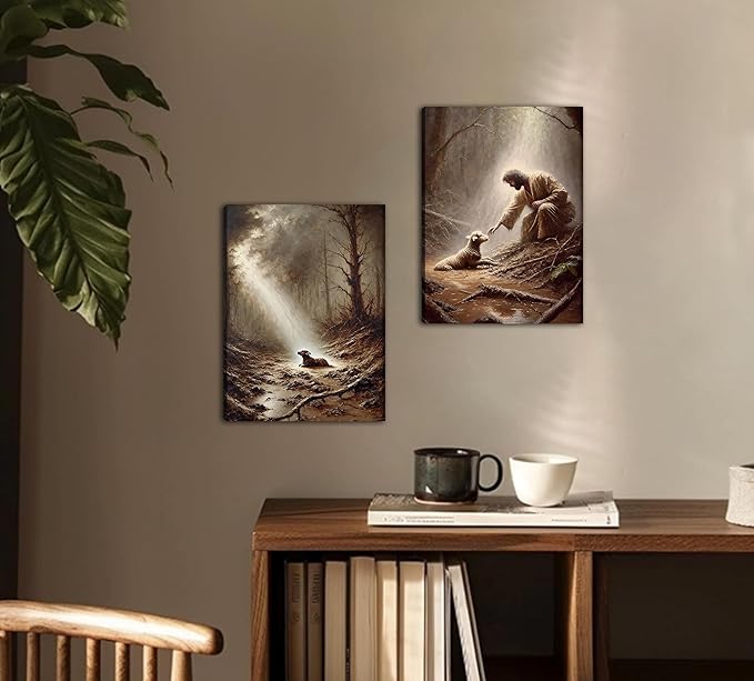 2Pcs Jesus and Lamb Wall Art The Good Shepherd Wall Decor Religious Christian Canvas Painting Jesus Saves the Lost Sheep Poster Prints for Church Bedroom Living Room Home Decoration 12"x16"