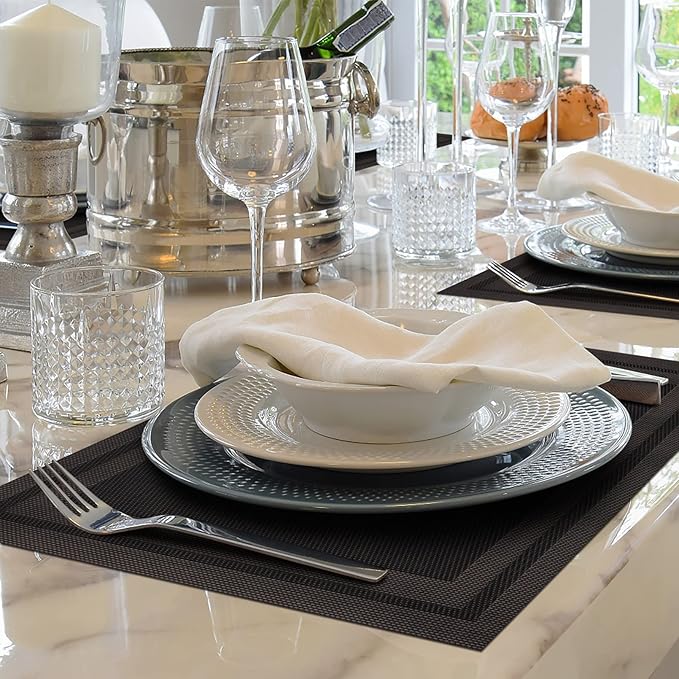 Winknowl Placemats Set of 4，Heat Resistant Woven Vinyl Washable PVC Place Mats，Non-Slip Stain Resistant Indoor/Outdoor Table Mats for Dining Table (Black Brown)