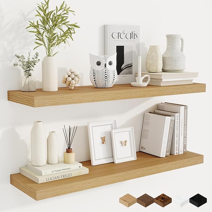 Fun Memories 36 Inch Floating Shelves, 9.3 Inch Deep Rustic Wall Shelves - Extra Deeper Wall Mounted Storage Shelves for Bathroom, Kitchen, Living Room (Oak, Set of 2)