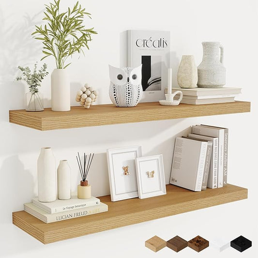 Fun Memories 36 Inch Floating Shelves, 9.3 Inch Deep Rustic Wall Shelves - Extra Deeper Wall Mounted Storage Shelves for Bathroom, Kitchen, Living Room (Oak, Set of 2)