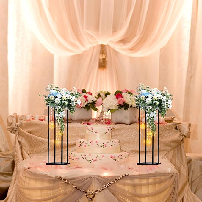 Rectangular Metal Wedding Flower Stand Vase with Hanging Glass Globe Terrarium Tealight Candle Holder, Multifunctional Geometric Column Frame Centerpiece (Black, 2 Pcs 25.2'')