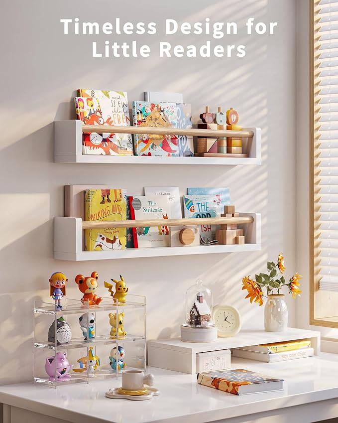 Nursery Book Shelves - 4 Pack, Wall Book Shelves for Bedroom Kids, Kids Wall Book Shelf, Book Shelf for Kid Rooms, Toddler, Baby, Play Room, Nursery Decor (White Wood, 23 Inches)
