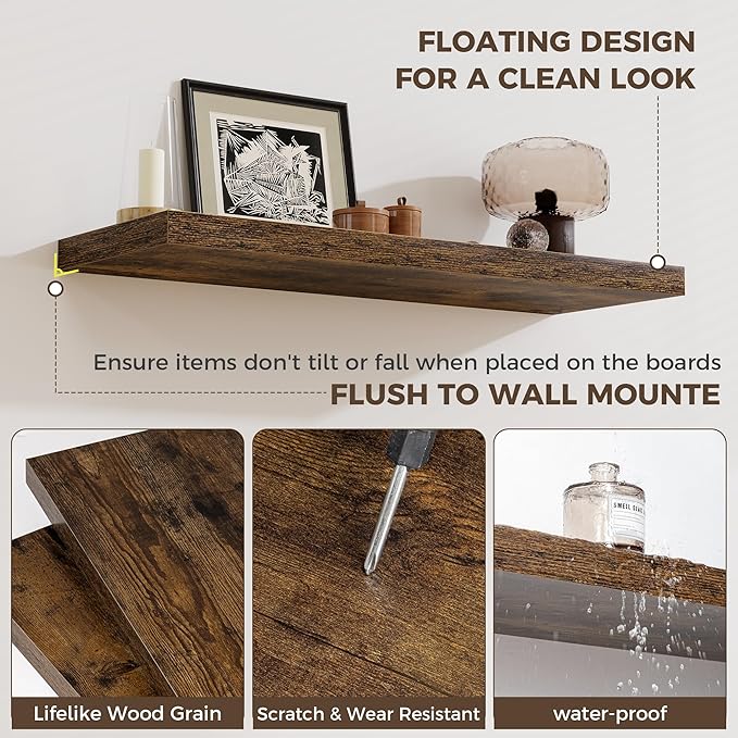 Fun Memories 12 Inch Deep Floating Shelves, 16 x 12 Wooden Wall Shelves, Extra Deeper & Thicker Rustic Wall Mounted Storage Shelf for Fireplace, Living Room, Kitchen, Farmhouse, Rustic Brown - 3Pack