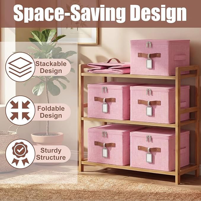 6 Pack Fabric Storage Bins with Lids and Label, 10×8×7Inch Foldable Cotton Linen Cute Storage Boxes with PU Leather Handles for Closet, Bedroom, Shelf, Nursery, Pink