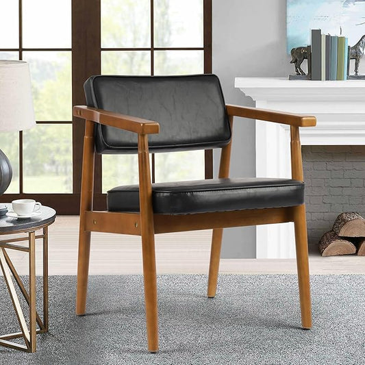 LSSPAID Mid Century Dining Chairs with Wooden Handrail, Black Fabric Upholstered Faux Leather Armchair Comfy Backrest Modern Kitchen Chairs for Bedroom Living Room Dining Room, Set of 1