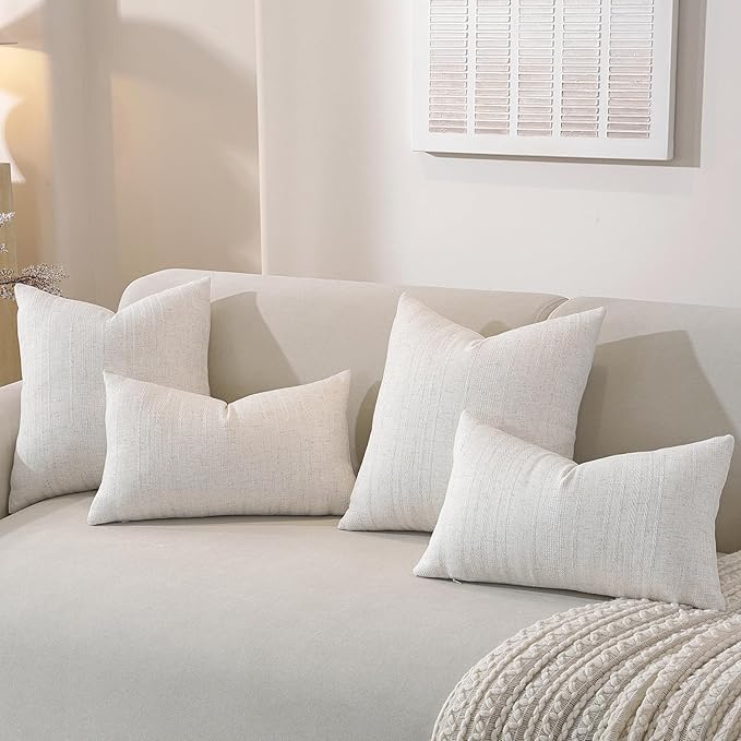 Set of 2 Decorative Linen Striped Throw Pillow Covers Neutral Farmhouse Vintage Cushion Covers Modern Boho Home Decor for Sofa Chair Couch Bedroom Living Room (Natural Linen, 20" x 12" (Pack of 2))