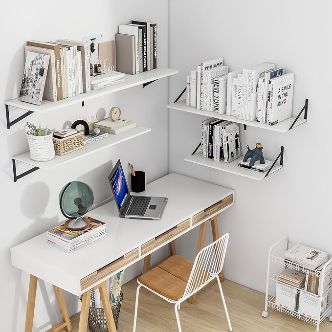 Heimlove White Deep Floating Shelves for Wall, 36W x 12D Wood Wall Shelves Set of 2, Wide Floating Bookshelf for Living Room, Kitchen, Office, Bedroom and Decor Storage, with Black Bracket - White