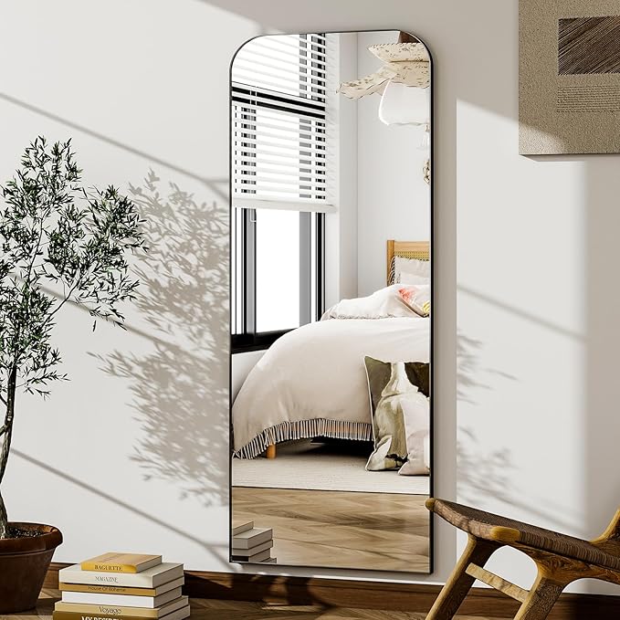 HARRITPURE 57"x20" Full Length Mirror, Black Rounded Corner Aluminum Frame Standing Mirror, Hanging/Leaning Wall Floor Mirror with Stand for Living Room Bedroom Cloakroom