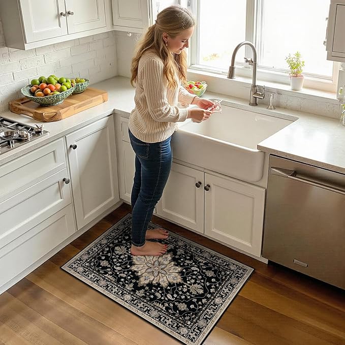 RELEANY Area Rugs 2'x3' Washable Non-Slip, Floral Vintage Distress Print Pattern Medallion Carpet for Living Room Bedroom Dining Room, Black Brown Neutral Dark Tan