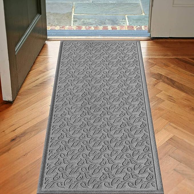 WaterHog Water Trapping Door Mat - Slip-Resistant Indoor/Outdoor Entrance Rug for Front Door, Entryways, Patios, Porch, Mudrooms, Hallway, Made in USA, Dogwood Leaf Collection, Medium Grey, 2' x 5'