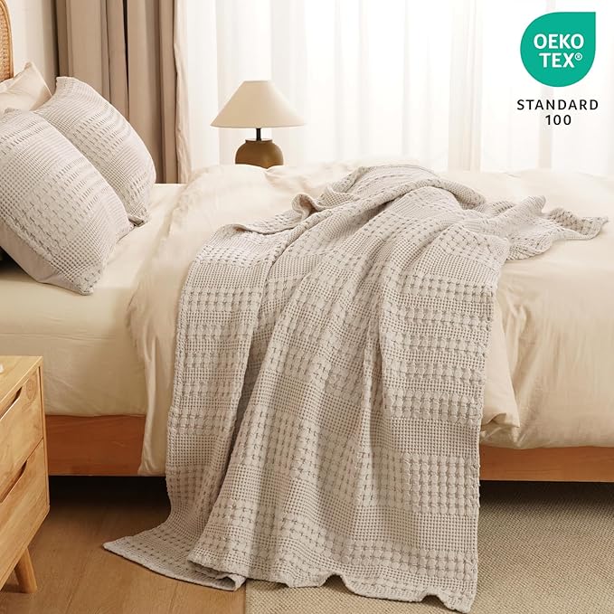 PHF 100% Cotton Waffle Weave Throw Blanket, Soft Lightweight Breathable Cozy Throws for Couch Bed Sofa, 300 GSM Luxury Aesthetic Blanket Gift for Home Decor & Office, 50"x60", Oatmeal