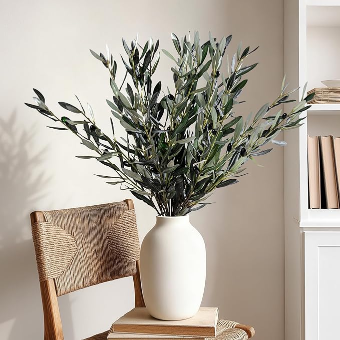 8PCS Premium Artificial Olive Branches for Vases - Realistic PU & Silk Faux Greenery Stems, 3 Sizes, Bendable Wire Stems, Low Maintenance Home/Office/Holiday Decor(No Vase