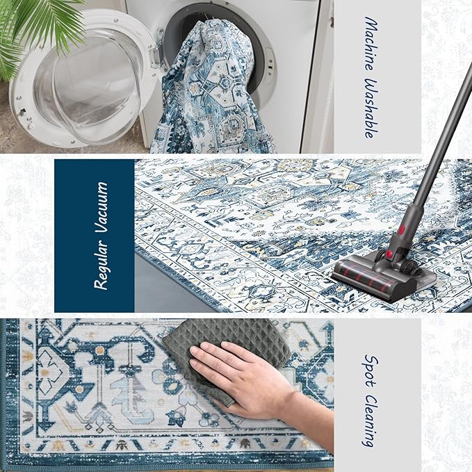 Fortsea 8x10 Area Rugs for Living Room, Machine Washable Non Slip Vintage Retro Rugs, Low Pile Lightweigt Chenille Print Indoor Rug for Bedroom, Dining Room, Home Office (Blue Gold Cream 8X10)…
