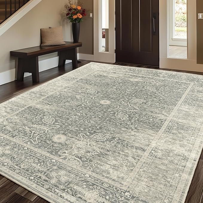Fortsea Area Rug 7X9 for Living Room, Machine Washable Non Slip Vintage Rugs, Low Pile Lightweight Print Rug for Bedroom, Dining Room, Home Office (7x9 Sage/Ivory)