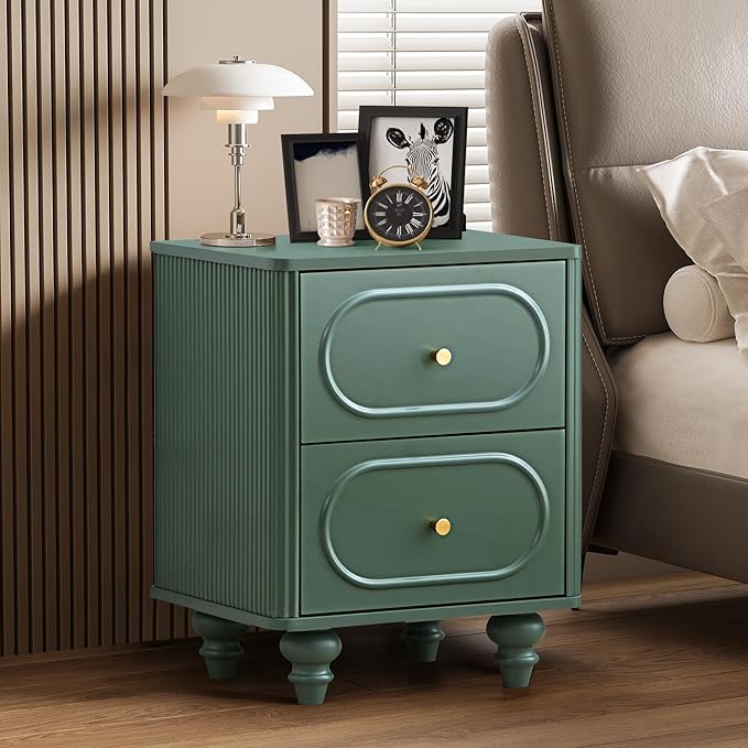 2 Drawer Fluted Nightstand, Mid Century Modern Farmhouse Night Stand Small End Table Bedside Table for Bedroom, Green
