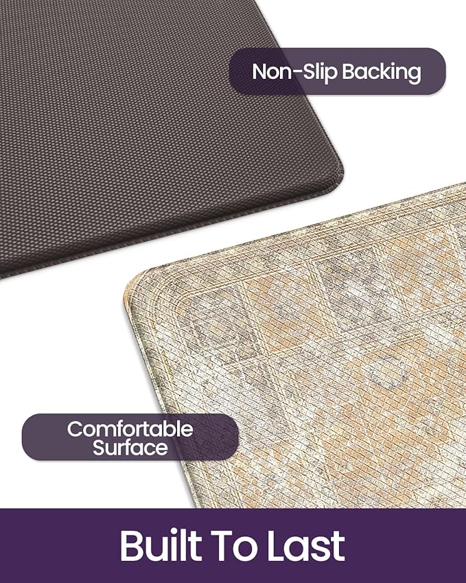 DEXI Kitchen Floor Mats Anti Fatigue, 17x59 Cushioned Vintage Runner Rug Waterproof, Standing Comfort Memory Foam Padded for Front Sink Laundry Office, Beige and Light Orange