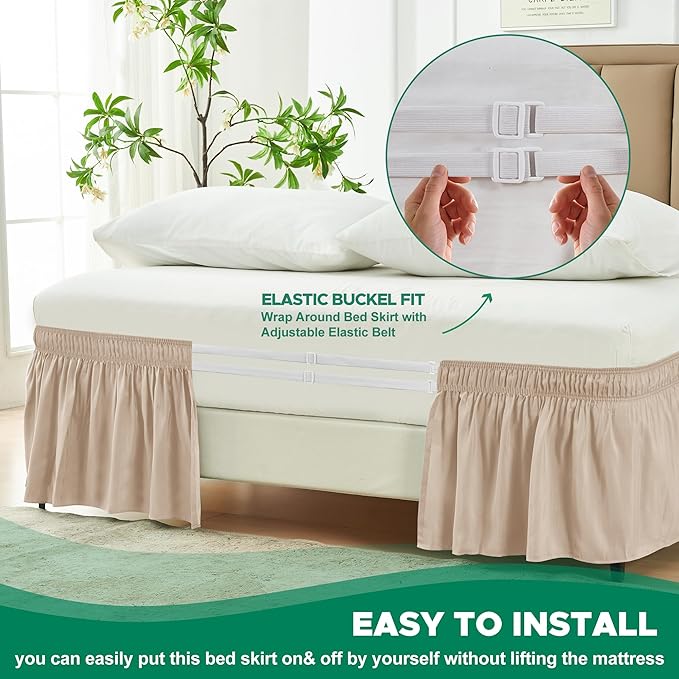 Biscaynebay Wrap Around Bed Skirts for King & Cal King Beds 17" Long Drop, Sand Adjustable Elastic Dust Ruffles Easy Fit Wrinkle Resistant Silky Luxurious Fabric Machine Washable
