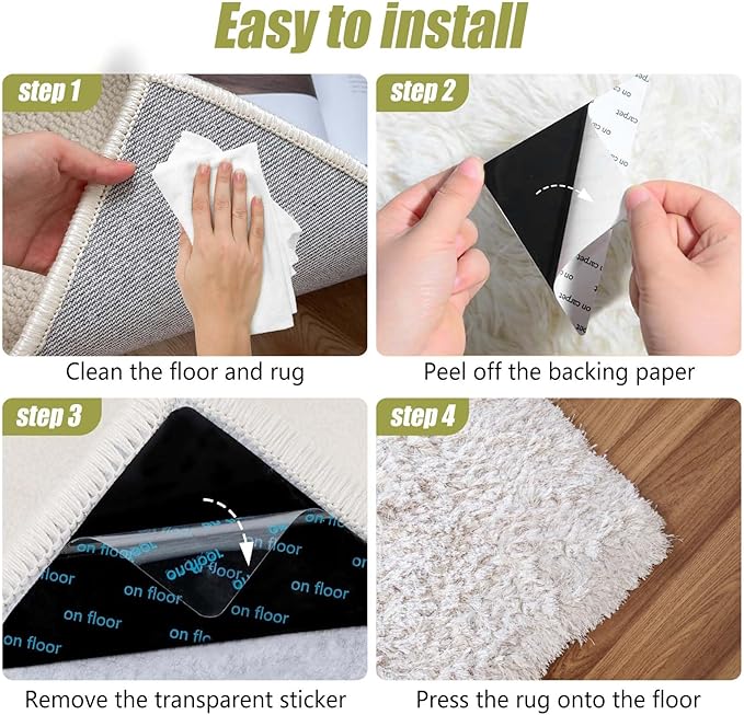 24 Pcs Rug Tape, Non Slip Carpet Tape for Hardwood Floors, Double-Sided Adhesive Rug Stickers Keep Corners Flat, No Residue/BPA-Free
