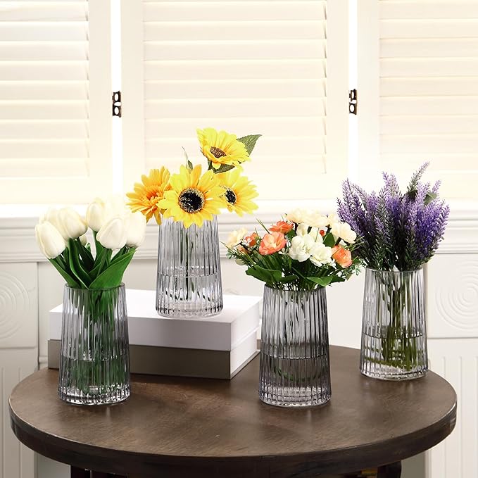 Black Glass Vases Set of 4, Small Vases for Flowers, Flower Vase for Bouquet, Modern Ribbed Glass Vase for Living Room, Bedroom, Dining Table, Office, Wedding, Centerpieces